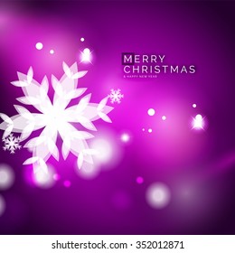 Holiday purple abstract background, winter snowflakes, Christmas and New Year design template, light shiny modern vector illustration
