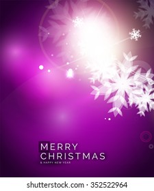 Holiday purple abstract background, winter snowflakes, Christmas and New Year design template, light shiny modern vector illustration