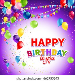 Plantilla de fondo púrpura de vacaciones para banner de diseño, boleto, volante, tarjeta, afiche, etc. Felices antecedentes de cumpleaños y globos