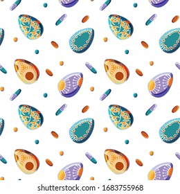 Holiday in quarantine. Happy easter eggs seamless pattern drawn with the pattern of caronovirus infection Coronavirus flu infection. Patterns of toxicity, tablets, capsules, bacteria. infection protec
