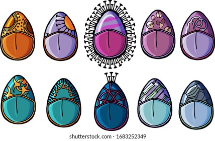 Holiday in quarantine. Happy easter isolated eggs in mask drawn with the pattern of the branches of the caronovirus infection Coronavirus 2019-ncov flu infection. 