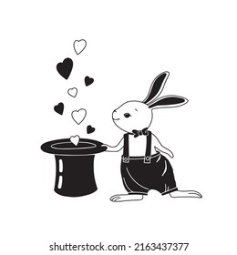holiday rabbit with magic hat and hearts vector clipart, festive illustration