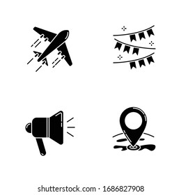 Holiday recreation black glyph icons set on white space. Planning event. Travel with airplane. Celebrate event. Loudspeaker sign. GPS point location. Silhouette symbols. Vector isolated illustrations