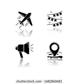 Iconos de glifos negros de sombra de recreación navideña. Evento de planificación. Viajar con avión. Celebrar el evento. Decoración festiva. Ubicación del punto GPS. Ilustraciones vectoriales aisladas en espacios blancos