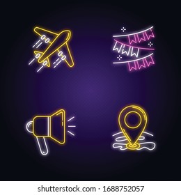 Holiday recreation neon light icons set. Travel with airplane. Festive decoration. Loudspeaker sign. GPS point location. Signs with outer glowing effect. Vector isolated RGB color illustrationss