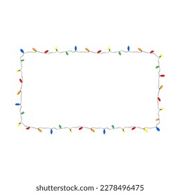 Holiday rectangular frame with multi colored Christmas lights for garlands. Decorating Christmas cards with lights and garlands. Cartoon vector isolated on white background