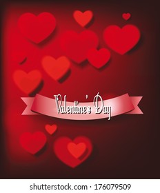 Holiday red abstract background with hearts and ribbon
