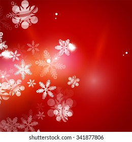 Holiday red abstract background, winter snowflakes, Christmas and New Year design template, light shiny modern vector illustration