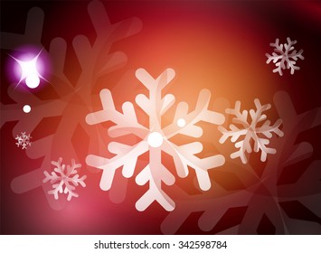 Holiday red abstract background, winter snowflakes, Christmas and New Year design template, light shiny modern vector illustration