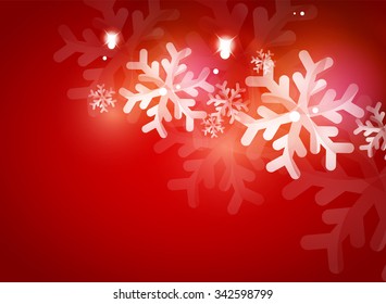 Holiday red abstract background, winter snowflakes, Christmas and New Year design template, light shiny modern vector illustration