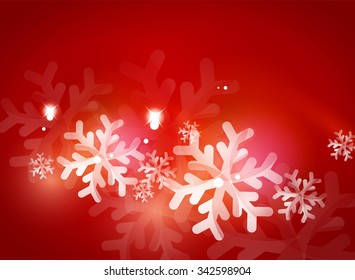 Holiday red abstract background, winter snowflakes, Christmas and New Year design template, light shiny modern vector illustration