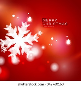 Holiday red abstract background, winter snowflakes, Christmas and New Year design template, light shiny modern vector illustration