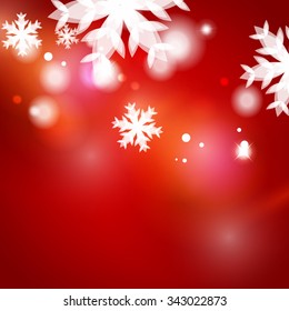 Holiday red abstract background, winter snowflakes, Christmas and New Year design template, light shiny modern vector illustration