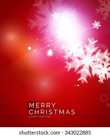 Holiday red abstract background, winter snowflakes, Christmas and New Year design template, light shiny modern vector illustration