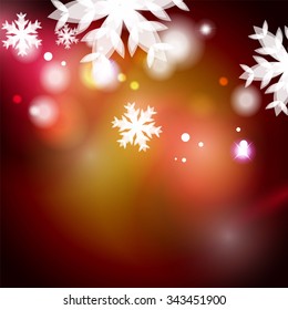 Holiday red abstract background, winter snowflakes, Christmas and New Year design template, light shiny modern vector illustration