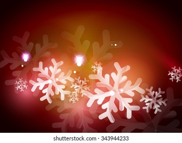 Holiday red abstract background, winter snowflakes, Christmas and New Year design template, light shiny modern vector illustration