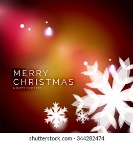 Holiday red abstract background, winter snowflakes, Christmas and New Year design template, light shiny modern vector illustration