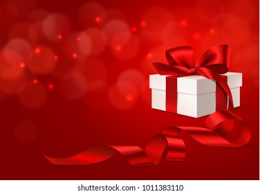 Holiday red background with gift box and red long ribbon. Vector template 