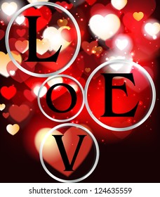 Holiday red background with hearts and letters LOVE