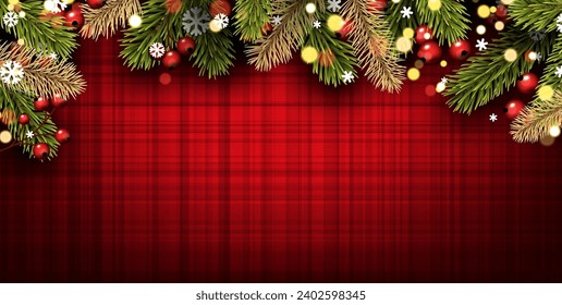 Holiday red background with realistic looking green and golden Christmas tree branches with berries, snowflakes, glowing lights. Vector illustration