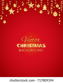 Holiday red background with sparkling Christmas glitter ornaments. Golden fiesta border. Festive garland with hanging balls and ribbons. Great for New year party posters, cards, headers.