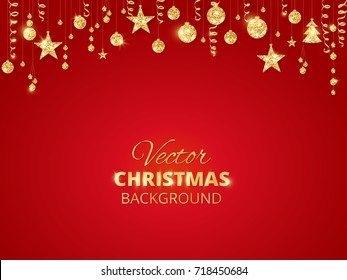 Holiday red background with sparkling Christmas glitter ornaments. Golden fiesta border. Festive garland with hanging balls and ribbons. Great for New year party posters, cards, headers.