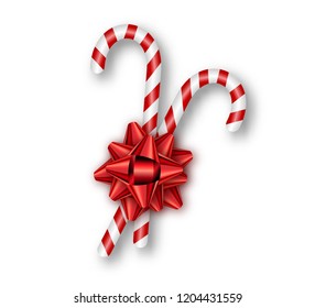 Holiday red bow and candy canes on white background. Template for a banner, poster, invitation. Vector illustration for your design