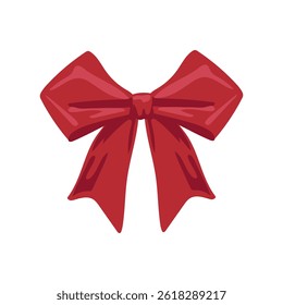 Holiday red bow in flat design. Shiny satin decoration for present package. Vector illustration isolated.