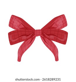 Holiday red bow in flat design. Checkered textile decoration knot for gift. Vector illustration isolated.