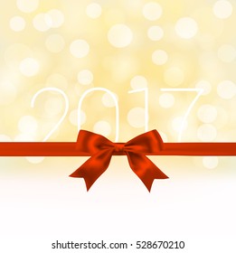 holiday red bow ribbon, glittering light, 2017 number and blurry background. vector design template