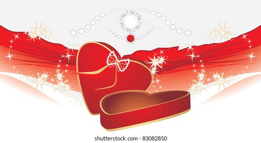 Holiday red box with shining stresses on the decorative background. Vector