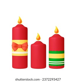Holiday red candles 3d design. Decorative Christmas decor for home, candle with bow and ribbons. Isolated realistic render vector elements