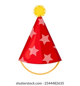 Festiva gorra en forma de cono rojo decorado con patrón de estrella con pompón mullido amarillo. Tocado festivo de los niños festivos del fin de semana para la Ilustración vectorial de la historieta aislada en el fondo blanco