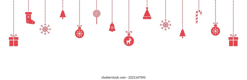 Holiday red garland with snowflake, christmas tree, ball, candy cane, gift box. Christmas hanging baubles frame on white background. New year card. Party design element border. Vector illustration.