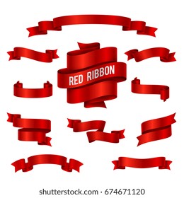 Holiday red glossy ribbon banners vector set for congratulations decoration. Vintage ribbons decoration elegance illustration