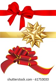 Holiday red and golden bows set. Vector.