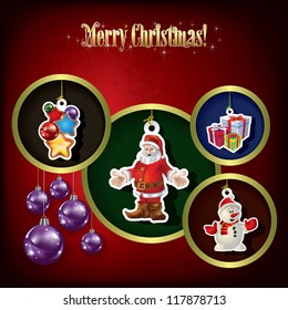 Holiday red greeting with Christmas tree decorations