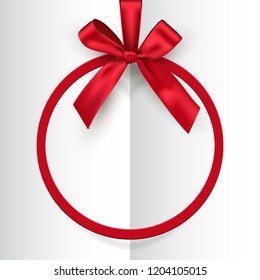Holiday red round frame with bow and ribbon on white opened book background. Vector postcard or greeting card template
