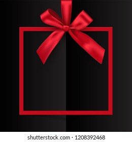 Holiday red square frame with bow and ribbon on black opened book background. Vector postcard or greeting card template