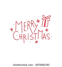 Vector rojo de vacaciones con letras Merry Christmas. Ilustración con copos de nieve dibujados a mano y regalo sobre fondo blanco.
