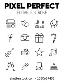 Holiday related vector icon set. Well-crafted sign in thin line style with editable stroke. Vector symbols isolated on a white background. Pixel perfect. Editable stroke.