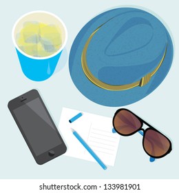 holiday relax blue cup beer blue hat write postcard