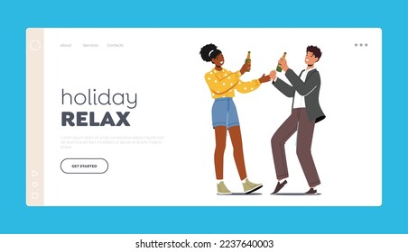 Holiday Relax Landing Page Template. Happy People Drink on Party. Friends Joy, Cheerful Employees Young Male or Female Characters in Casual Clothes Dance with Beer Bottles. Cartoon Vector Illustration