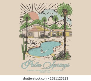 Holiday resort design. Palm springs watercolor graphic print design for t shirt print, poster, sticker, background and other uses.