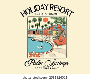 Holiday resort design. Palm tree with swimming pool colorful retro print artwork. Palm springs watercolor graphic print design for t shirt print, poster, sticker, background and other uses.