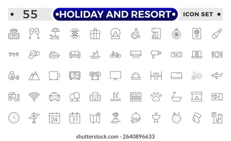 Holiday and Resort outline icon set. Summer travel icon set. holiday tour icons for app and website containing hotel sun camp mountain drink plane island.
