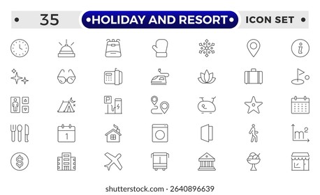 Holiday and Resort outline icon set. Summer travel icon set. holiday tour icons for app and website containing hotel sun camp mountain drink plane island.
