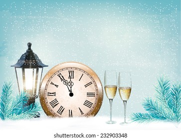 Holiday retro background with champagne glasses and clock . Happy New Year. Vector illustration