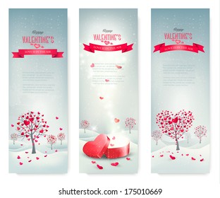 Holiday retro banners. Valentine trees with heart-shaped leaves. Vector