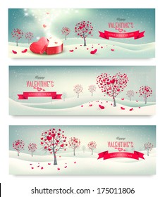 Holiday retro banners  Valentine trees and heart  shaped leaves  Vector